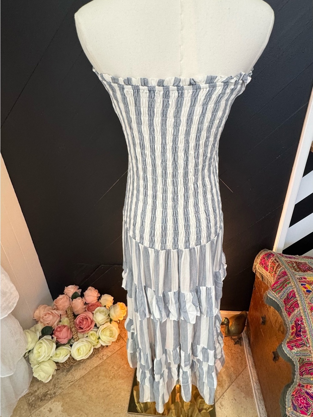 NWT Victoria’s Boutique Blue & White Striped Off-the-Shoulder Smocked Dress - Picture 7 of 14